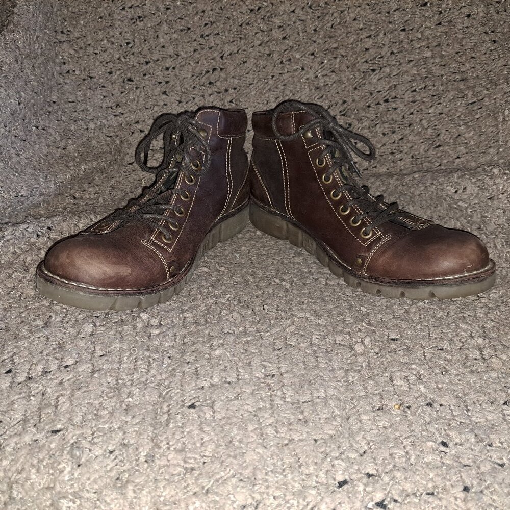 FLY LONDON-Brown Leather/Suede-Lace Up Moto/Work Boots-Sz 45-11.5-Excellent